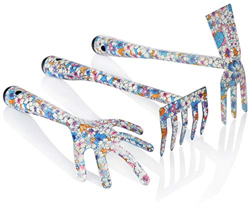 COM-FOUR® 3-teiliges Pflanzwerkzeug aus Metall - Garten-Werkzeug Set - Doppelhacke, Grubber und Blumen-Rechen in bunt für Garten und Balkon (3-teilig - blau/bunt)