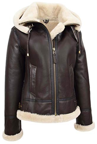 A1 FASHION GOODS Maria Fliegerjacke für Damen, echtes Schaffell, braun, mit Kapuze, Lammfell, B3, braun, 44