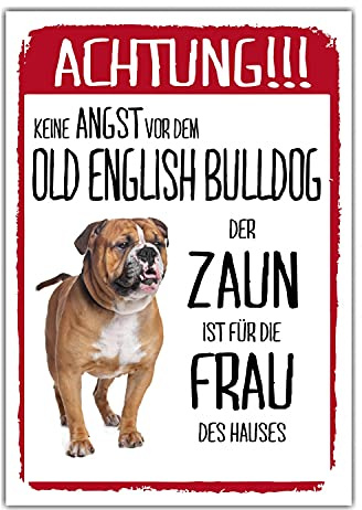 Old English Bulldog Hell Dog Schild Achtung Zaun Frau Spruch Türschild Hundeschild Warnschild Geschenkidee lustiger Spruch Hundemotiv Aluminium Wetterfestes Hundeschild