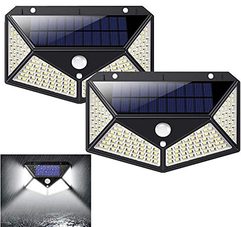 BoYeeBo Pack of 2, 100 LED Outdoor Solar Powered Lights Waterproof Motion Sensor Wireless Security Wall Lights for Outside Porch Garden Front Door Yard, 3 Modes