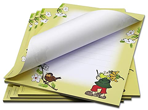 Kinder-Schreibblock Gelb mit Zwergen SB239 – 4 Stück je 30 Blatt Designpapier DIN A5 – Hochwertiges Motivpapier mit Zeilen, Briefpapier, Geschenk, Geburtstag, Kinderbriefpapier – 90 g/m² Druckerpapier
