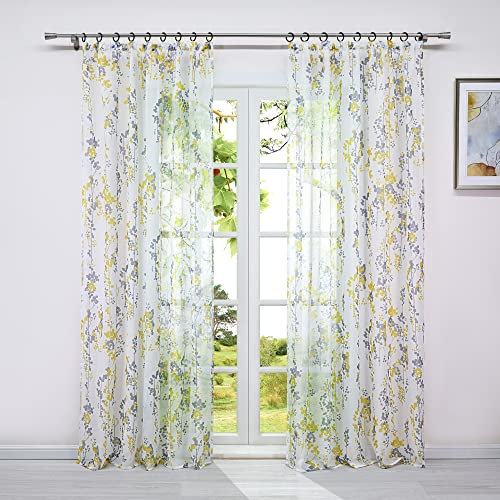 HeichkelL Transparente Gardine Voile Dekoschals Vorhänge mit Kräuselband Fertiggardine Wohnzimmer Beerendruck 1 Stück BxH 140x245 cm Gelb