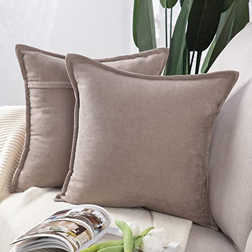 Madizz 2er Set kurzen Chenille Zierkissenbezüge weicher dekorativer Kissenbezug für Sofa, Schlafzimmer Kissenhülle Helltaupe 65x65 cm Quadrat