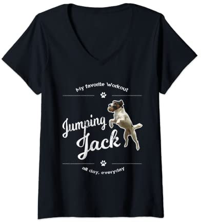 Damen Jack Russell Terrier T-Shirt Dog Jumping Jack Tee Lustiges Geschenk T-Shirt mit V-Ausschnitt