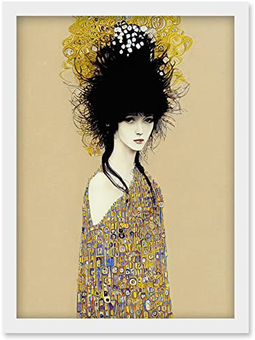 Wee Blue Coo Woman in Klimt Style Dress Gold Black Painting Artwork Framed Wall Art Print A4