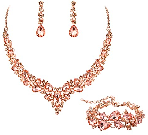 EVER FAITH Statement Halskette Ohrringe und Armband Set für Damen österreichische Kristall Tropfen Cluster Schmuckset Champagne Farbe