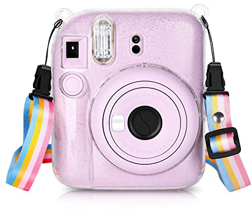 Risou Mini 12 Camera Crystal Case Compatible with Instax Mini 12 Instant Film Camera.with Coloured Adjustable Shoulder Straps.(Silver Flash)