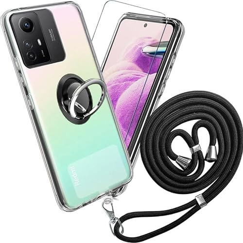 [4 in 1] para Redmi Note 12S Funda + Cristal Templado - Transparente carcasa y cristales protector de pantalla TPU Silicona Suave Caja Cover Tapa Caso Carcasa+ Finger ring phone holder + Phone lanyard