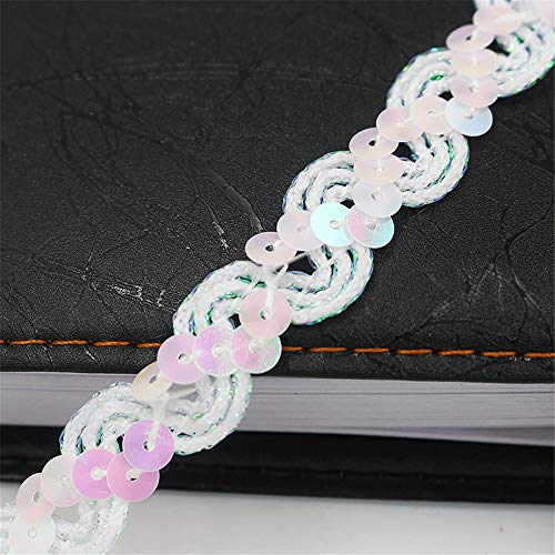 5 Meters Länge 1,5 cm Breite Glitzer Farbiges Paillettenband Borten Rolle Paillettenbesatz Applikation Paillettenborte Hologramm Metallic Pailletten Besatz Aus Stoff Glänzende Paillettenbänder,M-Weiß