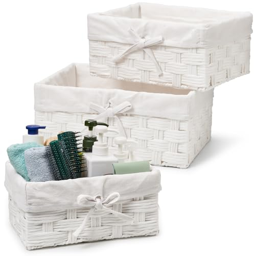 EZOWare 3er-Set Korb-Aufbewahrungsbehälter, Geflochtenes Papierseil, Quadratischer, Handgewebter Organizer, Aufbewahrungskorb mit Einsatz Für Babyzimmer, Kinderspielzeug, Zuhause - 3 Größen, Weiß