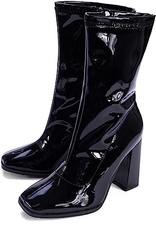 Omeslike Stivaletti da Donna con Tacco Alto in Pelle Lucida, 11 cm con Tacco Grosso e Punta a Punta con Cerniera, Stivali a metà Polpaccio, Stivaletti Autunno Inverno,Nero,35