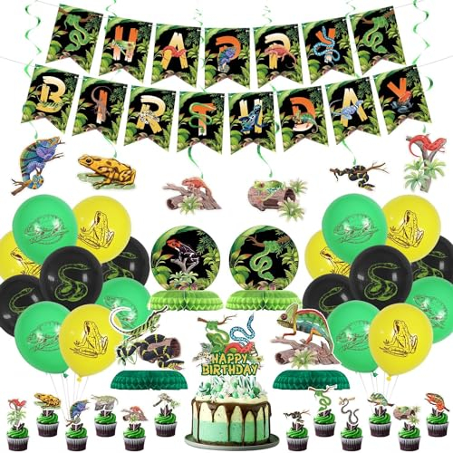 PTECDROTS Reptilien-Party-Dekorationen - einschließlich Reptilien-Thema Ballons, Banner, Kuchen Topper, hängende Strudel für Safari Eidechse Sumpf Reptil Geburtstag Party Supplies
