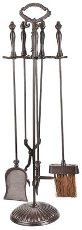 Sungmor 5PC Cast Iron Fireplace Tools Set, Heavy-Duty Large Fire Tool Set, Rustic Brown Fireset Stand, Indoor Outdoor Fireplace Accessories Tools Holder - Include Tong, Shovel, Poker, Brush & Holder