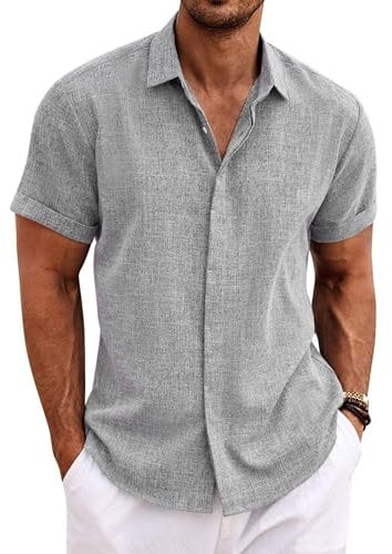 COOFANDY Mens Shirts Short Sleeve Cotton Striped Hawaiian Floral Summer Button Down Holiday Casual Shirt Grey XL