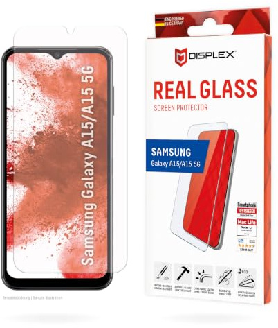 Schutzglas für Samsung A15 5G, A15 (10H), Eco-Montagerahmen | DISPLEX Real Glass, 10H Panzerglas, Bruchschutz, extra-harte Kanten, kratzfest, Anti-Shock, kristallklar, hüllenfreundlich