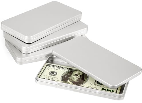 Hipiwe Metal Rectangular Cash Box with Lid Currency Tray Money Holder Small Metal Empty Box Container Silver Dollar Bill Storage Tin Box for Cash Coin Jewelry Stamps Organizer, 4 Packs
