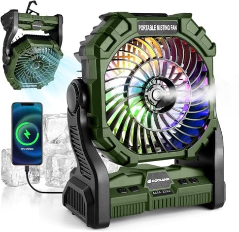 Odoland Portable Misting Fan with LED Light, 7800mAh Battery Operated Rechargeable Camping Mister Fan with 250mL Water Tank and Hook, Outdoor Tent Cooling Mist Fans for Patios Beach Home, Green