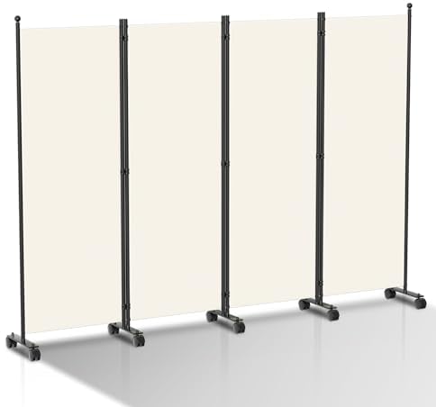 Vigevee Paravent séparateur de pièce Pliable Autonome sur roulettes, 4 pièces, 228 x 181 cm, paravent pour Bureaux, balcons, Beige