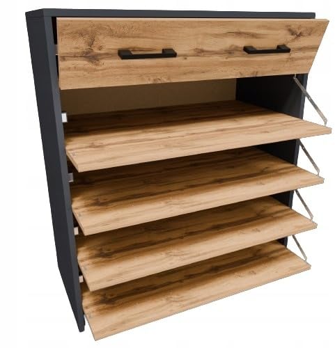 MATKAM Schuhschrank 5S in moderner Optik, B 74 x H 85 x T 35 cm, laminierte Möbelplatte 16 mm, mit Rückwand, 5 ausklappbare Schuhablagen, Jede mit Zwei Griffen zum Aufmachen (Grau-Wotan Eiche)