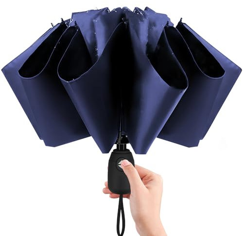 Tookeen Parapluie inversé résistant au vent – Parapluie compact et coupe-vent automatique, durable et portable pour un transport facile pour homme et femme, revêtement en téflon 210T, bleu marine