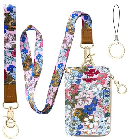 bolimoss 2-in-1-Schlüsselband mit Blumenmuster, vertikaler Leder-Ausweishalter mit kleinem Reißverschluss, Umhängeband und niedlichem Umhängeband für Büros, Woker, Lehrer, Studenten