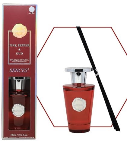 Sences Luxury Reed Diffuser 300ml - Scented with Pink Pepper & Oud, New Long-Lasting Natural Aroma, Premium Essential Oils, Elegant Glass Bottle, Ideal for Home, Office & Spa, Spicy & Woody Fragrance