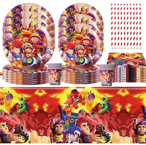 OPVXZAD 61 Piezas Dibujos Animados Personajes Vajilla Juego De Papel Vajilla Stars Fiesta de Cumpleaños de Stars Vajilla Incluye Vasos de Papel Pajitas Cuencos de Papel Pañuelos y Manteles