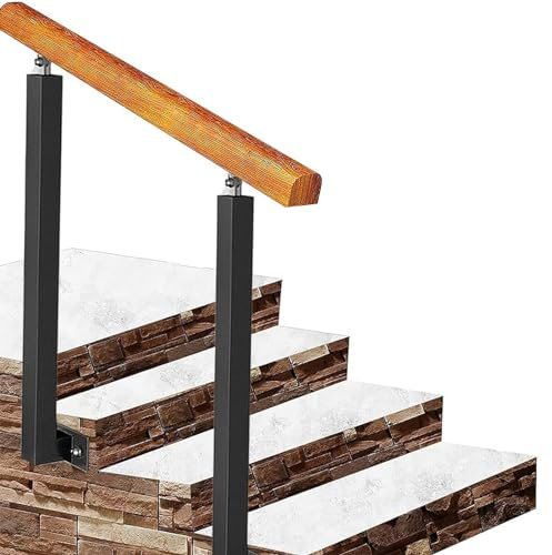 Handläufe für Außentreppen, passend für 3 oder 4 Stufen, Treppengeländer aus Holz mit schwarzen Pfosten aus Schmiedeeisen, Übergangshandlauf für Beton- oder Holztreppen (Farbe: Höhe 85 cm, Größe: 140