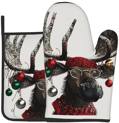 Funny Christmas Elch bedruckte Ofenhandschuhe und Topflappen-Set, 2-teilig, Küche, hitzebeständig, wasserdicht, Backhandschuhe, Topflappen