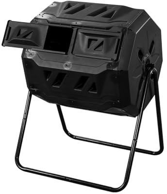 BAOYOUNI Komposter 160 Liter, Drehbarer Schnellkomposter aus Kunststoff und Metallgestell, Trommelkomposter mit 2 Kammer System für Garten, Küche und Hofabfall, 71 x 56 x 94cm, Schwarz