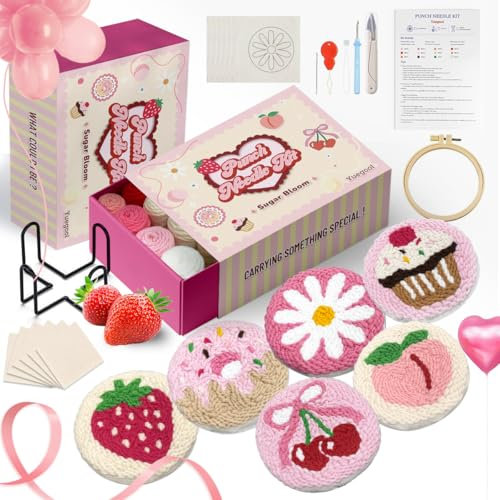 Yuegool 6-teiliges Punch-Needle-Untersetzer-Set – Einfaches DIY-Stickset für Anfänger, Kinder & Erwachsene mit Motiven, Garn, Stickrahmen, Anleitung & Halter