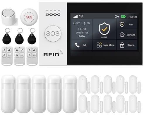 XNY 4.3 Pollici Schermo Tattile Allarme Casa Senza Fili WiFi GSM, Allarme Casa, Antifurto Casa Wireless con Avviso APP, 24 Pezzi: Sirena, Sensore di movimento, Sensore per Porte/Finestre, Telecomando