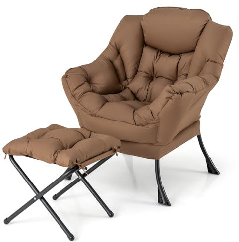 GOPLUS Fauteuil Salon, Chaise Paresseuse avec Repose-Pieds Ottoman Pliant, Pochette Latérale, Chaise Canapé de Loisirs, Style Scandinave, pour Salon, Chambre, Balcon,Charge 150KG+50KG (Brun)