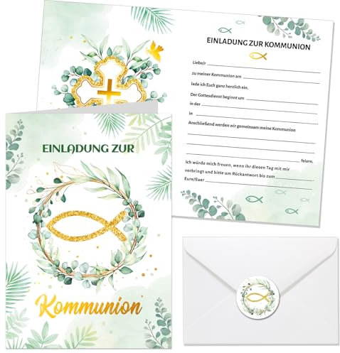 HOWAF 12 Einladungskarten Kommunion, Einladung Kommunion mit Umschlagen Aufkleber, Kommunion einladungskarten Erstkommunion Eucalyptus Fisch Einladungen Kommunion Karte für Jungen Mädchen