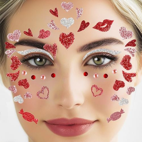ENYACOS Love Face Art Sticker – Glitzer Herz Aufkleber für Karneval, Fasching, Halloween & Cosplay – Temporäre Gesichtstatoos – Selbstklebend & Wasserdicht, Ideal für Schminke Fasching Karneval