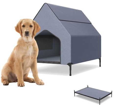 UISEBRT 2 in 1 Hundeliege überdacht & erhöhtes Hundebett mit abnehmbarem Deckel, Outdoor Hundezelt hundehütte für kleine und mittelgroße Hunde bis 80 kg, ideal für Garten, 130 x 84 x 104 cm