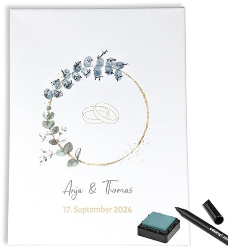 KATINGA Personalisierte Leinwand Fingerabdruck - Eukalyptus Design, inkl. Stempelkissen & Stift (Hochzeit)