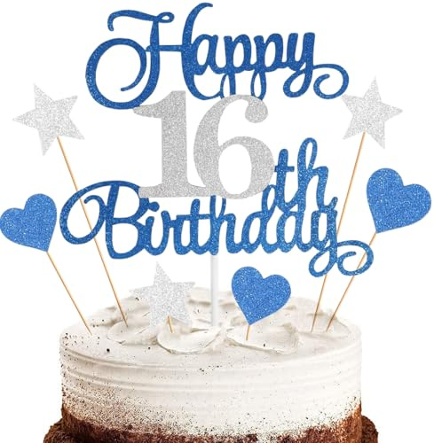 Anlgdi Tortendeko Happy 16th Birthday Deko Kuchen Topper 16. Geburtstag Mädchen, Cake Topper 16. Geburtstag Junge Blau, Kuchendeko 16 Jahre Torte Kuchen Deko für Geburstagstorte Deko 16. Mädchen Junge