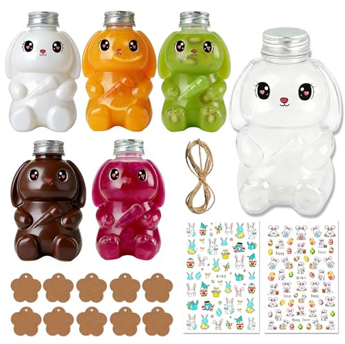 ZJKUBOIS 6PCS Ostern Wiederverwendbar Saftflaschen zum Befüllen, Osterhase Leere Flaschen mit Silber-Schraubverschluss und Aufkleber, Ideal Handmade-Geschenke für Milch Süßigkeiten Saft(250ml)