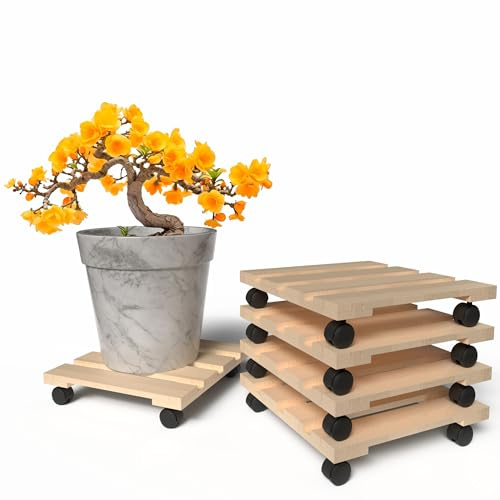 BigDean Pflanzenroller Holz 5er Set Eckig 30 cm - 120 Kg belastbar Rolluntersetzer aus Buchenholz Indoor & Outdoor Blumentopf Untersetzer mit Rollen