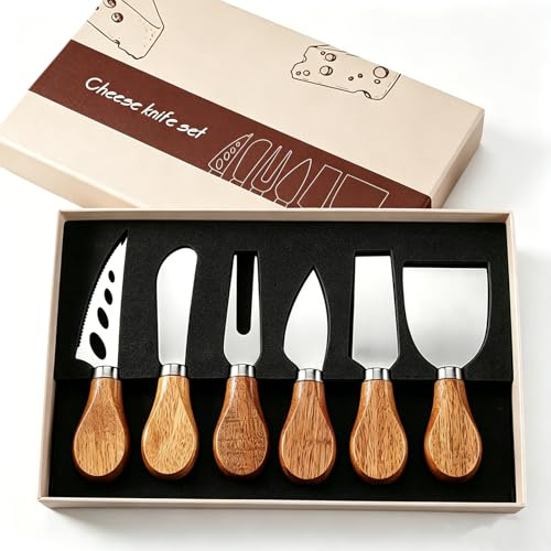 Haelyze 6-teiliges Käsemesser Set aus Edelstahl mit Akazienholzgriffen, Käsemesser inkl. Käsegabel und Käsestreicher in Geschenkbox, Cheese Knife Set für Weihnachten Geburtstage Hochzeiten