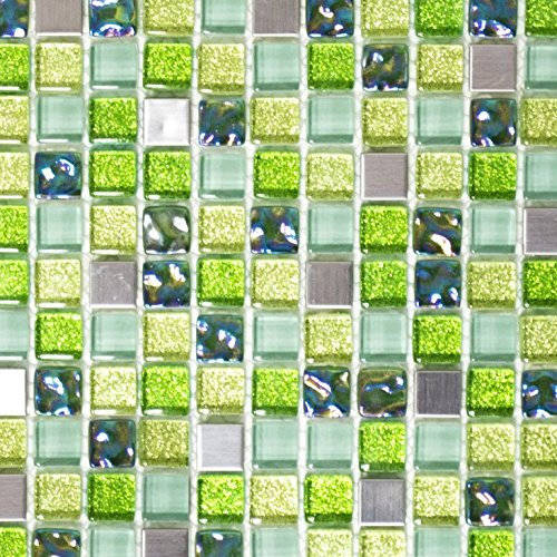 Mosaik Fliese Transluzent Edelstahl grün Glasmosaik Crystal Stahl grün für WAND BAD WC DUSCHE KÜCHE FLIESENSPIEGEL THEKENVERKLEIDUNG BADEWANNENVERKLEIDUNG Mosaikmatte Mosaikplatte