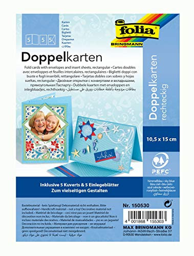 folia 150530 - Doppelkarten ca. 10,5 x 15 cm, je 5 Karten (220 g/qm), Kuverts und Einlagen, himmelblau - ideal für Einladungen, Glückwunsch- oder Grußkarten