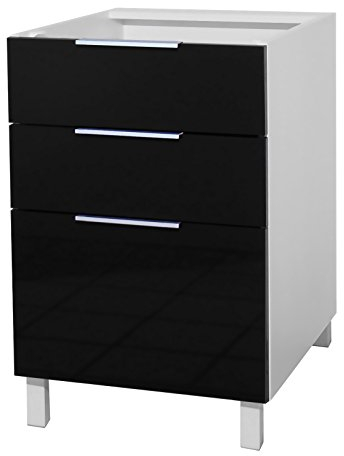 Berlioz Creations C3T6BN Meuble Bas de Cuisine avec 3 Tiroirs Noir Haute Brillance 60 x 52 x 83 cm, Fabrication 100% française