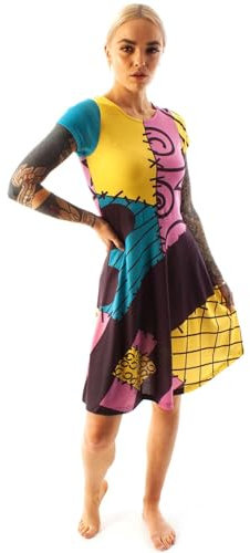 Disney Nightmare Before Christmas Women's Sally Short Sleeve Costume Dress, Black, L