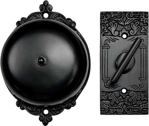 A29 Mechanische Türklingel, massives Messing, schwarze Pulverbeschichtung | Außenplatte, 13,5 x 9,5 cm, kabelloser mechanischer Klingelton, manuelle Drehbedienung, wetterfestes Äußeres