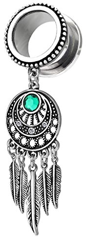 Piercingfaktor Flesh Tunnel Ohr Piercing Plug Ohrpiercing Ear Edelstahl Vintage mit Traumfänger Feder Anhänger Strass Kristall Türkis Silber 10mm