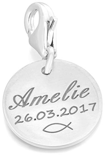 Charms Anhänger 925 Silber mit Gravur Namensanhänger zur Taufe Taufdatum Geschenk Patenkind Mädchen Junge Kinderschmuck mit Daten Bettelarmband Zusatzanhänger | HANDMADE IN GERMANY