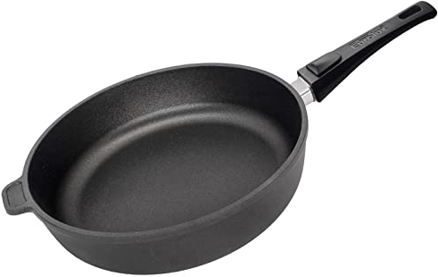 Eurolux Guss-Pfanne Induktion Ø 24 cm abnehmbarer Stiel - hoher 7.0 cm Rand - kleine runde Alugusspfanne - Schmorpfanne mit Antihaft-Beschichtung - Made in Germany