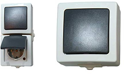 Kopp Nautic Steckdose und Schalter Kombination für Feuchtraum, IP44, 250V (16A), Aufputz Schutzkontakt-Steckdose mit Deckel, grau, 138556008 & Nautic Universalschalter , Aufputz, 250V (10A), grau
